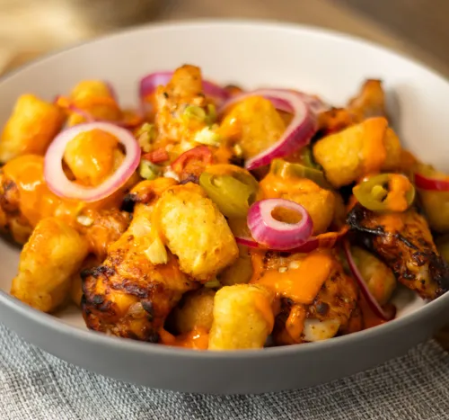 Loaded Hash Brown Bites with Buffalo Wings & Hot Sauce