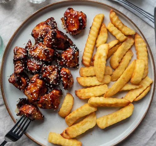 Sticky Honey Chicken and Chips