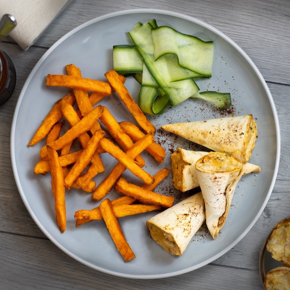 Chicken Taquitos with Sweet Potato Fries
