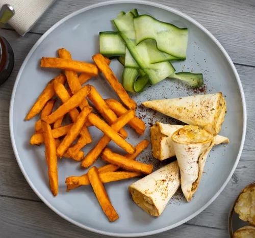 Chicken Taquitos with Sweet Potato Fries
