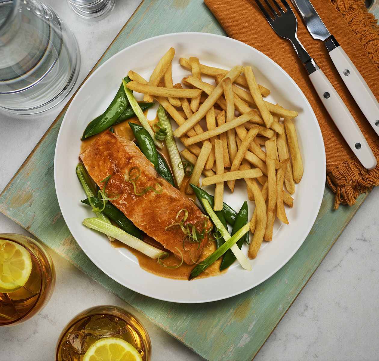 Red Thai Curry Salmon with French Fries