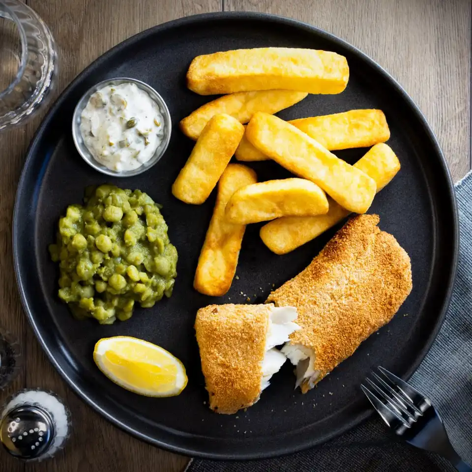 Homemade breaded fish and chunky chips